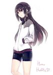  adapted_costume akemi_homura akitsuchi_shien bike_shorts earrings hairband hands_in_pockets highres hood hooded_track_jacket hoodie jacket jewelry long_hair mahou_shoujo_madoka_magica mahou_shoujo_madoka_magica_movie purple_eyes purple_hair single_earring solo track_jacket 