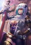  asymmetrical_clothes belt blue_hair breasts cleavage commentary cowboy_shot green_eyes hand_on_hip heterochromia highres holding holding_sword holding_weapon huihui_(d0250028020) large_breasts long_hair parted_lips prosthesis prosthetic_arm red_eyes solo sunlight sword veil weapon 