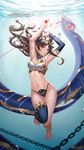  air_bubble armpits arms_up bangs bare_shoulders black_bikini_bottom breasts brown_hair bubble chain cleavage commentary_request eyebrows_visible_through_hair fate/grand_order fate_(series) full_body gem highres hips holding ishtar_(fate/grand_order) l.bou long_hair long_legs looking_at_viewer medium_breasts navel parted_bangs parted_lips red_eyes revision single_sleeve solo submerged thighs tsurime underwater wavy_hair white_bikini_top 