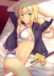  ahoge arm_behind_head armpits arms_up artoria_pendragon_(all) artoria_pendragon_(swimsuit_archer) bad_id bad_pixiv_id bangs bed bed_sheet besmiled between_legs bikini black_jacket blonde_hair blue_bow bow breasts cleavage closed_mouth cowboy_shot criss-cross_halter excalibur eyebrows_visible_through_hair fate/grand_order fate_(series) green_eyes halterneck highres indoors jacket long_hair looking_at_viewer low_ponytail medium_breasts navel on_bed open_clothes open_jacket pillow smile solo stomach sunlight swimsuit sword thighs unsheathed unzipped weapon white_bikini 