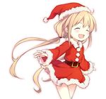  :d ^_^ belt blonde_hair blush closed_eyes futaba_anzu happy hat idolmaster idolmaster_cinderella_girls long_hair long_sleeves open_mouth red_hat sakana santa_costume santa_hat smile solo standing twintails 