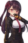  arm_at_side asymmetrical_bangs bangs black_gloves blunt_bangs blush breasts collared_shirt commentary covering_mouth double-breasted eyebrows_visible_through_hair girls_frontline gloves hair_ribbon hand_up highres large_breasts long_hair long_sleeves looking_at_viewer military military_uniform motokonut necktie one_side_up orange_gloves purple_eyes purple_hair red_neckwear red_ribbon ribbon shirt simple_background solo tsurime underbust uniform upper_body wa2000_(girls_frontline) white_background white_shirt 