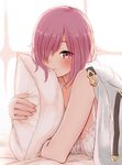  bad_id bad_twitter_id bra breast_rest breasts cleavage closed_mouth fate/grand_order fate_(series) hair_over_one_eye hat highres jacket_on_shoulders large_breasts looking_at_viewer lying mash_kyrielight on_bed on_stomach pillow_hat pink_eyes pink_hair short_hair smile solo suto_(iamsuto) underwear upper_body white_bra 