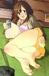  216_zig arm_behind_back ass barefoot beer_can blush book bookshelf breasts brown_hair can cleavage commentary_request drawer feet green_eyes hair_ornament hairclip highres himekawa_yuki hips idolmaster idolmaster_cinderella_girls indoors jacket legs long_hair lying medium_breasts on_side open_clothes open_jacket open_mouth pillow polka_dot_skirt skirt smile soles solo thighs yellow_skirt 