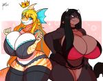  2018 5_fingers absurd_res anthro big_breasts biped black_eyebrows black_hair blonde_hair blue_eyes blue_hair blush bovid bovine bra breasts brown_fur cattle choker cleavage clothed clothing crown digital_media_(artwork) duo ear_frills eyebrows eyelashes female fingerless_(marking) fish frill fur green_eyes hair hand_on_hip hi_res horn huge_breasts jaywnk23 legwear lingerie long_hair mammal marine multicolored_ears multicolored_fur multicolored_hair multicolored_skin multicolored_tail navel orange_skin orange_stripes panties portrait sasha_sweets shark simple_background striped_ears striped_skin striped_tail stripes tail_tuft tan_fur tan_tail thick_thighs thigh_highs three-quarter_portrait tiger_shark tuft two_tone_fur two_tone_hair two_tone_skin underwear voluptuous white_background white_skin white_tail wide_hips yellow_eyebrows 