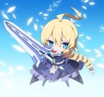  1girl :&lt; ahoge bangs blazblue blonde_hair blue_dress blue_eyes blue_legwear blush braid breasts center_frills chibi closed_mouth commentary dress es_(xblaze) eyebrows_visible_through_hair frilled_dress frills hair_between_eyes holding holding_sword holding_weapon large_breasts long_hair long_sleeves milkpanda red_neckwear single_braid sleeves_past_wrists solo sword thighhighs very_long_hair weapon wide_sleeves 