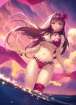  ass_visible_through_thighs bangle bangs bare_arms bare_shoulders bikini bracelet breasts cameltoe cloud cloudy_sky dutch_angle fate/grand_order fate_(series) floating_hair flower glint hair_flower hair_intakes hair_ornament highres holding jewelry leg_garter long_hair looking_at_viewer medium_breasts navel ocean parted_lips pink_bikini purple_hair scathach_(fate)_(all) scathach_(swimsuit_assassin)_(fate) shiny shiny_skin skindentation sky solo swimsuit thigh_gap thighs tidsean twilight underboob very_long_hair wading water wind 
