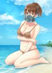  bangs bare_arms bare_legs bare_shoulders beach between_legs bikini blue_sky breast_hold breasts brown_bikini brown_eyes brown_hair character_request cleavage cloud cloudy_sky collarbone copyright_request day eyebrows eyelashes full_body gas_mask hair_between_eyes hand_between_legs high_ponytail large_breasts lens_flare looking_at_viewer navel ocean outdoors palm_tree pochi_(popcooooorn) sand shadow short_hair sitting skindentation sky solo swimsuit tree wariza water 