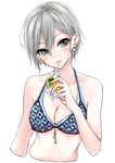  aoyashio_rin bikini blue_bikini breasts cleavage crescent crescent_earrings cropped_torso drinking drinking_straw earrings eyelashes fishnets hair_between_eyes halter_top halterneck highres idolmaster idolmaster_cinderella_girls jewelry looking_at_viewer medium_breasts shiomi_shuuko silver_eyes silver_hair simple_background solo swimsuit upper_body wet wet_hair white_background 