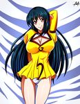  1girl 90s agent_aika artist_request bad_anatomy bangs bare_legs bed blue_hair breasts brown_eyes cleavage closed_mouth delmo dress female golden_delmo hair_ribbon legs long_hair looking_at_viewer lying miniskirt on_back panties pantyshot petoriyacowa_rie pixiv ribbon shiny shiny_skin short_dress skirt smile solo underwear uniform upper_body upskirt very_long_hair white_panties 