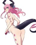  arched_back ass ban blue_eyes blush breasts commentary dragon_girl dragon_tail elizabeth_bathory_(brave)_(fate) elizabeth_bathory_(fate)_(all) fate/extra fate/extra_ccc fate/grand_order fate_(series) from_side highres horns long_hair looking_at_viewer looking_back nipples nude parted_lips pink_hair pointy_ears ribbon sidelocks simple_background small_breasts solo tail white_background 