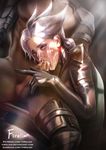  1girl blue_eyes camille_(league_of_legends) clothed_female_nude_male cum dark_skin dark_skinned_male deviantart_username erection facial firolian hetero highres interracial league_of_legends looking_at_viewer nude overflow patreon_username penis silver_hair testicles tumblr_username viktor_(league_of_legends) 