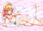  absurdres armlet blonde_hair blush breasts bridal_veil bride choker cleavage dress flower frilled_panties frills gloves green_eyes grin hajimete_no_gal highres large_breasts leg_up legs long_hair lying md5_mismatch nyantype official_art on_side one_eye_closed panties smile underwear v veil wedding_dress white_gloves white_panties yame_yukana 