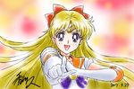  1girl 2017 aino_minako bishoujo_senshi_sailor_moon blonde_hair blue_bow blue_eyes bow choker dated earrings elbow_gloves hair_bow highres kagawa_hisashi long_hair magical_girl open_mouth pointing_at_viewer sailor_venus serafuku signature smile solo tiara upper_body 