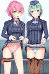  ass_visible_through_thighs bangs blue_panties blush boots brown_footwear commentary_request daiaru eiyuu_densetsu garrison_cap green_eyes green_hair grey_skirt hair_between_eyes hair_ornament hat holster juna_crawford lifted_by_self long_sleeves looking_at_viewer military military_uniform multiple_girls musse_egret panties pink_panties pleated_skirt ponytail purple_eyes purple_hair sen_no_kiseki sen_no_kiseki_3 short_hair skirt skirt_lift smile thigh_boots thigh_holster thighhighs underwear uniform x_hair_ornament 