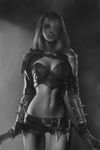  armor arms_at_sides belt breasts cleavage cowboy_shot dual_wielding gloves graphite_(medium) greyscale hair_over_one_eye highres holding holding_sword holding_weapon katarina_du_couteau knife league_of_legends looking_at_viewer medium_breasts medium_hair monochrome narrow_waist navel parted_lips raglan_sleeves realistic scar scar_across_eye short_shorts short_sleeves shorts shoulder_armor solo standing sword thigh_gap thighs throwing_knife tim_liu traditional_media vambraces weapon 