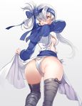  ainu_clothes ass bad_anatomy black_legwear blue_eyes breasts folded_ponytail from_behind headband kamoi_(kantai_collection) kantai_collection long_hair looking_at_viewer looking_back medium_breasts panties shiosoda side-tie_panties sideboob simple_background solo standing underwear white_background white_hair white_panties 