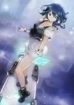  absurdres black_hair bracelet city dress flying green_eyes highres holographic_interface hover_board jewelry okuto original short_hair smile solo standing 