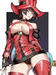  ass_visible_through_thighs bare_shoulders black_panties boots breasts brown_eyes contrapposto cowboy_shot detached_sleeves fingerless_gloves from_above from_below gloves green_eyes guilty_gear guitar halterneck hat highres i-no instrument kumiko_shiba large_breasts lips long_sleeves looking_at_viewer looking_down mole_above_mouth nail_polish o-ring o-ring_top panties parted_lips red_footwear red_hat red_nails short_hair solo standing thigh_boots thighhighs tsurime two-tone_background underbust underwear 