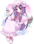  aqua_ribbon blue_ribbon blush book closed_mouth commentary crescent crescent_moon_pin cup dot_nose dress full_body hair_ribbon hat high_heels holding holding_cup long_dress long_hair long_sleeves looking_at_viewer neck_ribbon open_book orange_ribbon patchouli_knowledge pillow_hat pink_dress purple_eyes purple_hair red_ribbon ribbon sitting solo sparkle touhou tress_ribbon vanilla_(miotanntann) 