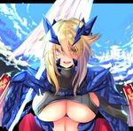  artoria_pendragon_(all) artoria_pendragon_(lancer_alter) blonde_hair breasts commentary_request fate/grand_order fate_(series) gauntlets hair_between_eyes horns large_breasts long_hair looking_at_viewer midriff parted_lips pauldrons putimaxi smile solo underboob upper_body yellow_eyes 