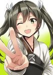 ;d artist_name commentary_request dated gradient gradient_background green_background green_eyes grey_hair hair_ribbon highres japanese_clothes kamelie kantai_collection long_hair muneate nontraditional_miko one_eye_closed open_mouth ribbon smile solo teeth twintails v white_ribbon zuikaku_(kantai_collection) 