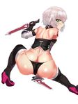  absurdres ass back bandaged_arm bandages bare_shoulders black_legwear black_panties blush commentary dagger dimples_of_venus dual_wielding eyebrows_visible_through_hair fate/apocrypha fate_(series) from_behind gloves green_eyes high_heels highres holding holding_dagger holding_weapon jack_the_ripper_(fate/apocrypha) lips looking_at_viewer looking_back open_mouth panties scar shiny shiny_skin short_hair shoulder_blades shoulder_tattoo silver_hair skindentation solo squatting suisogenshi tattoo thighhighs thighs underwear weapon white_background 