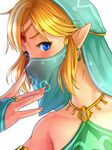  armlet bangs blonde_hair blue_eyes blush bridal_gauntlets cogara earrings fingernails forehead_jewel gerudo_link jewelry link looking_at_viewer male_focus nail_polish neck necklace pink_nails pointy_ears see-through sidelocks simple_background solo the_legend_of_zelda the_legend_of_zelda:_breath_of_the_wild upper_body veil white_background 