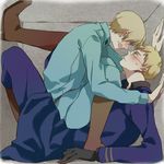  2boys axis_powers_hetalia blonde_hair blush boots finland_(hetalia) glasses gloves green_eyes looking_at_another male_focus military_uniform multiple_boys purple_eyes sitting sitting_on_person sweden_(hetalia) yaoi 