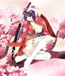  arm_at_side arm_up bangs blue_eyes bow breasts cherry_blossoms choker cleavage fallen_angel_of_the_fallen_wing fuchi_(hilt) full_body habaki hair_bow hair_ornament half_updo head_tilt holding holding_weapon japanese_clothes katana koshirae large_breasts light_blush looking_at_viewer obi obiage obijime original panties pantyshot purple_hair sageo same-hada sash saya_(scabbard) sidelocks sitting solo sword thighhighs tsuba_(guard) tsuka-ito tsuka_(handle) underwear weapon white_legwear white_panties wide_sleeves yokozuwari 