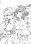  2girls :d absurdres arm_grab asymmetrical_docking bangs bare_shoulders belt belt_buckle blush box breast_pocket breast_press breasts buckle cleavage collar commentary_request corset cowboy_shot eyebrows_visible_through_hair fingerless_gloves food gloves greyscale hair_between_eyes hat highres holding holding_box iowa_(kantai_collection) kantai_collection kojima_takeshi large_breasts long_hair monochrome multiple_girls navel one_side_up open_mouth pleated_skirt pocket pointing pointing_up round_teeth saratoga_(kantai_collection) shirt short_sleeves skirt smile star star-shaped_pupils sweets symbol-shaped_pupils teeth traditional_media unbuttoned vest wavy_mouth 