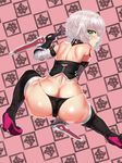  absurdres ass back bandaged_arm bandages bare_shoulders black_legwear black_panties blush commentary dimples_of_venus dual_wielding eyebrows_visible_through_hair fate/apocrypha fate_(series) from_behind gloves green_eyes high_heels highres holding jack_the_ripper_(fate/apocrypha) knife lips looking_at_viewer looking_back open_mouth panties pink_background scar shiny shiny_skin short_hair shoulder_blades shoulder_tattoo silver_hair skindentation solo squatting suisogenshi tattoo thighhighs thighs underwear weapon 
