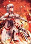  absurdres altera_(fate) bangs bare_shoulders blurry breasts commentary_request cowboy_shot dark_skin depth_of_field detached_sleeves fate/extella fate/extra fate_(series) highres holding holding_sword holding_weapon huihui_(d0250028020) long_sleeves looking_away medium_breasts midriff navel parted_lips photon_ray red_eyes short_hair solo sword tattoo veil weapon white_hair 