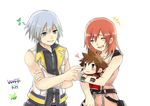  1girl blue_eyes chibi closed_eyes jewelry kairi_(kingdom_hearts) kingdom_hearts kingdom_hearts_ii necklace red_hair riku short_hair signature silver_hair smile sora_(kingdom_hearts) 