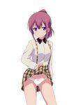  brown_hair girlish_number karasuma_chitose_(girlish_number) ku_(simple) lifted_by_self looking_at_viewer panties plaid plaid_skirt ponytail purple_eyes skirt skirt_lift solo standing suspender_skirt suspenders underwear white_panties 