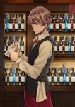  absurdres alcohol bartender bottle brown_hair glass green_eyes highres huakuiliehuo male_focus pocket solo standing 