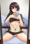  absurdres bed black_bra black_skirt blue_eyes blush bra breasts brown_hair cellphone closed_mouth commentary_request covered_nipples hayasui_(kantai_collection) head_tilt highres holding holding_phone indoors jacket kantai_collection kneehighs lips looking_at_viewer medium_breasts microskirt mirror mizuse_kouichi navel panties pantyshot pantyshot_(sitting) partially_unzipped phone pleated_skirt reflection self_shot shirt shirt_lift short_hair short_sleeves sitting skirt smartphone smile solo taking_picture thighs track_jacket underboob underwear upskirt wariza white_legwear white_panties white_shirt zipper 
