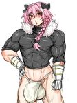  abs androgynous black_bow braid bulge fate/apocrypha fate/grand_order fate_(series) hair_intakes hair_ribbon hand_on_hip huge_penis muscle pink_hair rider_of_black streaked_hair wrong 
