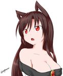  animal_ears bangs bare_shoulders breasts brooch brown_hair cleavage eyebrows_visible_through_hair imaizumi_kagerou jewelry large_breasts long_hair open_mouth red_eyes simple_background taurine_8000mg touhou twitter_username white_background wolf_ears 