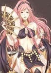  bare_shoulders blush braid breasts dancer fire_emblem fire_emblem:_kakusei fire_emblem_heroes gloves hairband hakirino highres jewelry long_hair looking_at_viewer medium_breasts midriff navel olivia_(fire_emblem) open_mouth pink_hair ponytail smile solo thighhighs twin_braids 