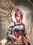  armor artist_name asymmetrical_hair asymmetrical_wings belt black_gloves blue_eyes blurry blurry_background breasts cape cleavage deviantart_username earrings fantasy gauntlets gloves goggles goggles_on_head hair_up heart highres jewelry knight looking_at_viewer md5_mismatch mechanical_arm mechanical_wings medium_breasts midriff original parted_lips red_cape red_hair sangrde solo standing steampunk watermark web_address wings 