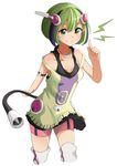  android bike_shorts cowboy_shot dimension_w green_eyes green_hair headgear highres index_finger_raised jewelry lightning_bolt looking_at_viewer multicolored_hair necklace off_shoulder pekeponn short_hair shorts_under_dress smile solo streaked_hair tail two-tone_hair white_background yurizaki_mira 