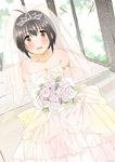  216_zig ahoge bangs bare_shoulders black_hair blush bouquet bow bridal_veil brown_eyes collarbone commentary_request dress earrings elbow_gloves flower gloves heart highres idolmaster idolmaster_cinderella_girls jewelry kohinata_miho looking_at_viewer necklace open_mouth pearl_necklace short_hair solo tearing_up tiara veil wavy_mouth wedding_dress white_gloves 