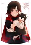  belt black_hair cape corset dog gradient_hair highres isshiki_(ffmania7) long_sleeves looking_at_viewer multicolored_hair red_cape red_hair ruby_rose rwby short_hair silver_eyes smile twitter_username two-tone_hair upper_body welsh_corgi zwei_(rwby) 