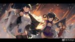  ;o aircraft airplane azur_lane bangs black_hair black_legwear blunt_bangs breasts brown_hair china_dress chinese_clothes cleavage cleavage_cutout covered_navel cowboy_shot detached_sleeves dress eyebrows_visible_through_hair fingerless_gloves gloves hair_rings kishiyo large_breasts letterboxed long_hair machinery multiple_girls ning_hai_(azur_lane) one_eye_closed oriental_umbrella outdoors pelvic_curtain ping_hai_(azur_lane) purple_dress red_dress red_eyes short_dress side_slit small_breasts thighhighs torn_clothes twintails umbrella very_long_hair watermark weibo_logo weibo_username white_dress white_gloves wide_sleeves yat_sen_(azur_lane) 