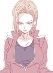  android_18 blonde_hair blue_eyes blue_shirt blush breasts commentary_request dragon_ball dragon_ball_z forehead high_collar jacket large_breasts long_sleeves looking_at_viewer medium_hair pale_color parted_lips red_jacket shirt simple_background solo tasaka_shinnosuke unzipped white_background zipper 
