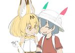  animal_ears backpack bag blonde_hair blue_hair elbow_gloves fur_collar gloves high-waist_skirt kaban_(kemono_friends) kemono_friends kohige multiple_girls pen print_gloves print_neckwear print_skirt red_shirt serval_(kemono_friends) serval_ears serval_print serval_tail shirt short_hair short_sleeves skirt sleeveless sleeveless_shirt smile tail yellow_eyes 