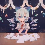  ahoge bandaged_arm bandages bandaid blue_eyes blue_hair candy cirno desk food hair_ornament hair_ribbon hairclip highres ice ice_wings isshin_(kaxz) lollipop looking_at_viewer neck_ribbon paper pencil ribbon short_hair solo star tearing_up touhou wings 