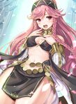 armlet blush braid breasts cleavage collar cowboy_shot fire_emblem fire_emblem:_kakusei fire_emblem_heroes hairband hand_on_own_chest highres long_hair looking_at_viewer medium_breasts midriff navel o-ring o-ring_top olivia_(fire_emblem) open_mouth pelvic_curtain petals pink_eyes pink_hair sash smile solo tayashitsu thighs twin_braids wide_hips 