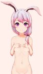  animal_ears benghuai_xueyuan breasts bunny_ears covering covering_breasts hair_over_shoulder highres honkai_impact long_hair looking_at_viewer navel nude out-of-frame_censoring pink_background pink_hair purple_eyes shibanme_tekikumo silver_hair small_breasts smile solo stomach theresa_apocalypse 